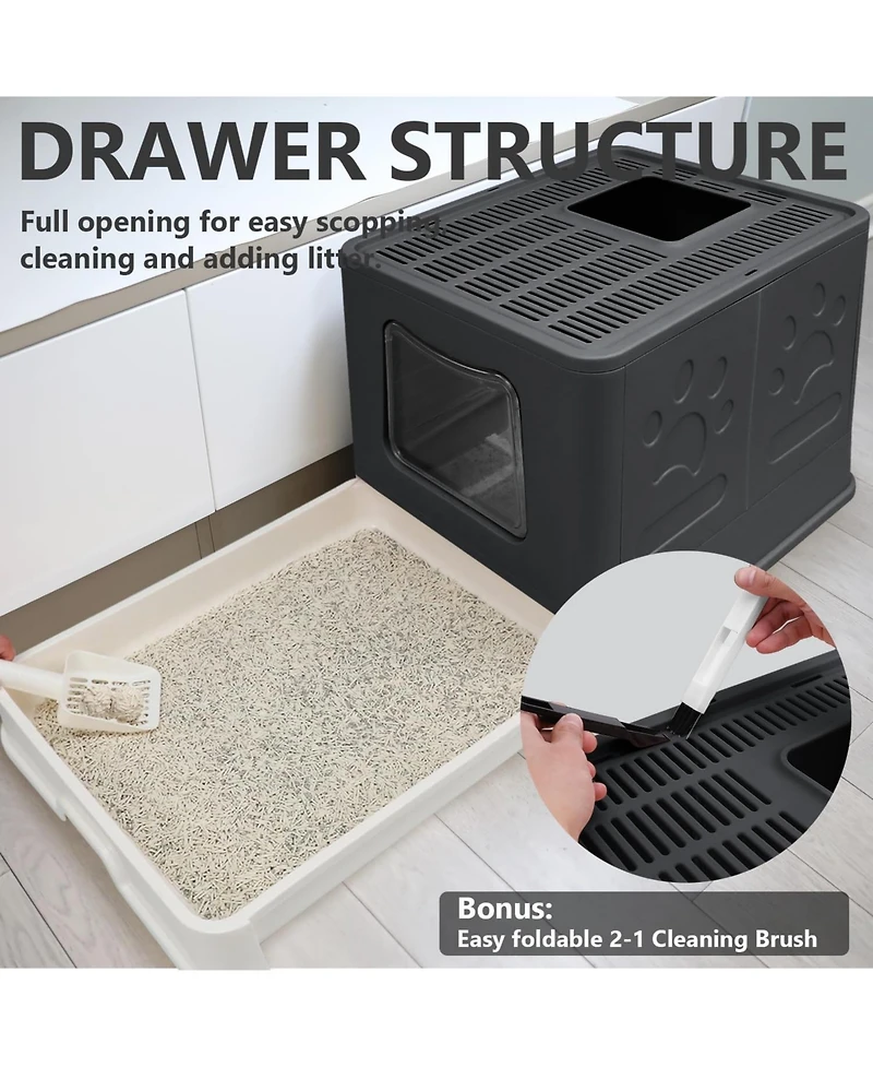 Aronkl Foldable Cat Litter Box Enclosed Top Entry Anti-splashing Large Private Space Easy Clean With Scoop 2-in-1 Brush