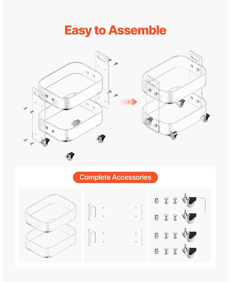 Sugift Acrylic Table with Wheels, 2-Tiers Mobile Rolling Cart, Modern Storage Desk