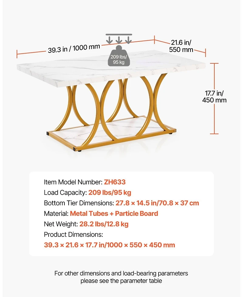 Sugift Coffee Table, Modern Faux Marble, 2-Tier Rectangle Desk with Geometric Legs