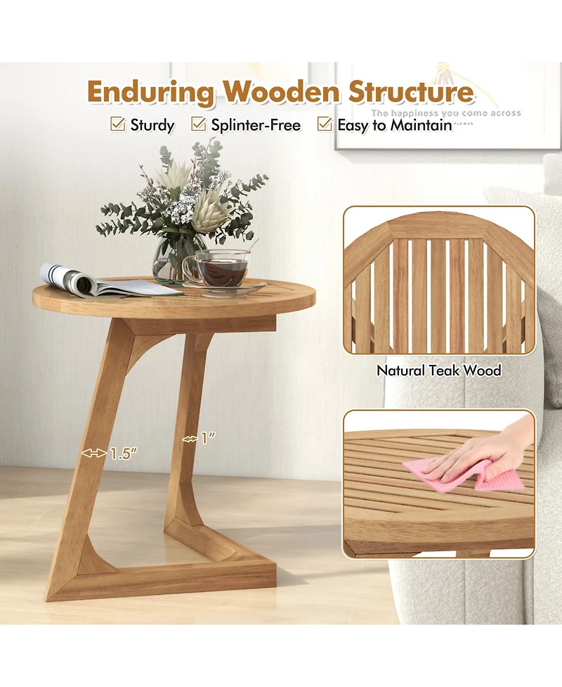 Sugift Round Teak Wood Side Table with Slatted Tabletop