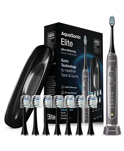 AquaSonic Elite Rechargeable Electric Toothbrush Set - Ada Accepted, 5 Modes, Travel Case, 8 Brush Heads