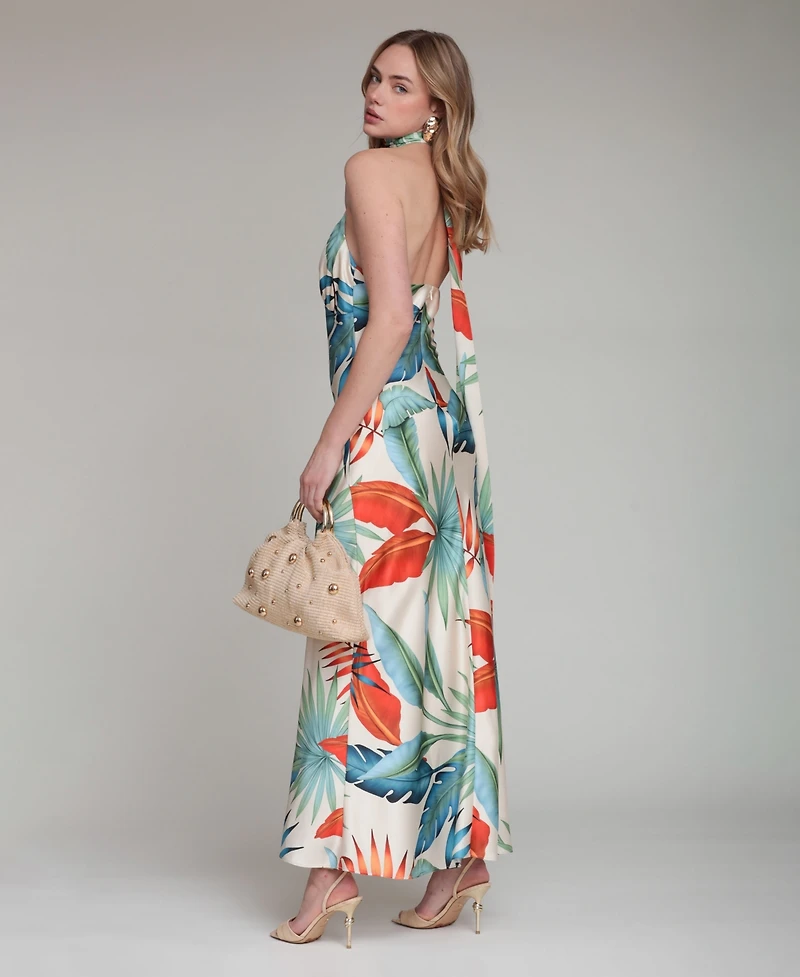 Avec Les Filles Women's Printed Halter Scarf-Tie Maxi Dress