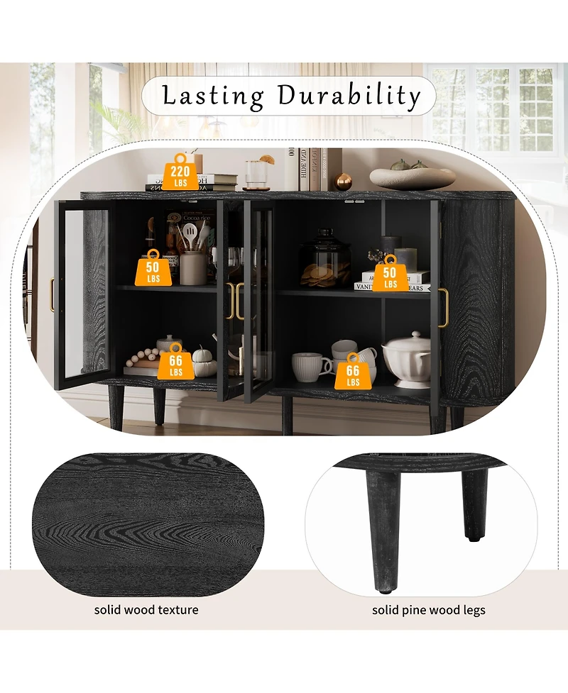 Rainsken Farmhouse Sideboard Cabinet, Wood Buffet Cabinet with Glass Doors, Adjustable Shelves and Cable Management for Dining Room, Living Room