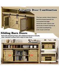 Rainsken Farmhouse Buffet Cabinet with Sliding Barn Doors, Mesh Panels and Open Storage Cubbies for Living Room, Kitchen and Dining Room