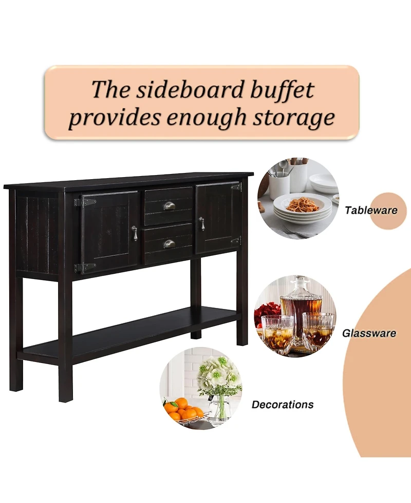 Rainsken Retro Solid Wood Console Table, Storage Sideboard Buffet Cabinet with 2 Drawers, Cabinets and Open Shelf for Living Room, Kitchen
