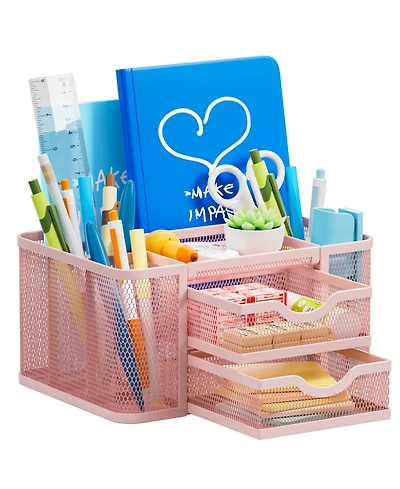 Gnuadz Mesh Desk Organizer Pen Holder 2 Drawer 5 Compartments Office