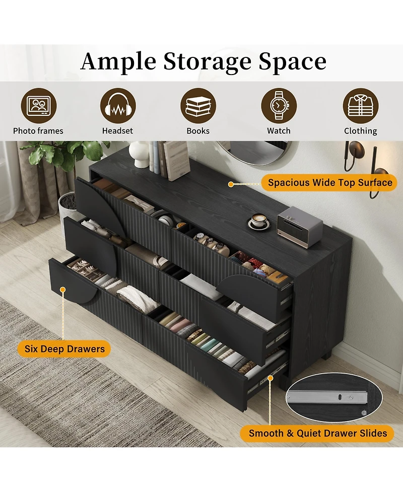 Rainsken Modern 6-Drawer Fluted Wooden Dresser – Geometric Round Accent Chest of Drawers, Spacious Storage Cabinet for Bedroom and Living Room