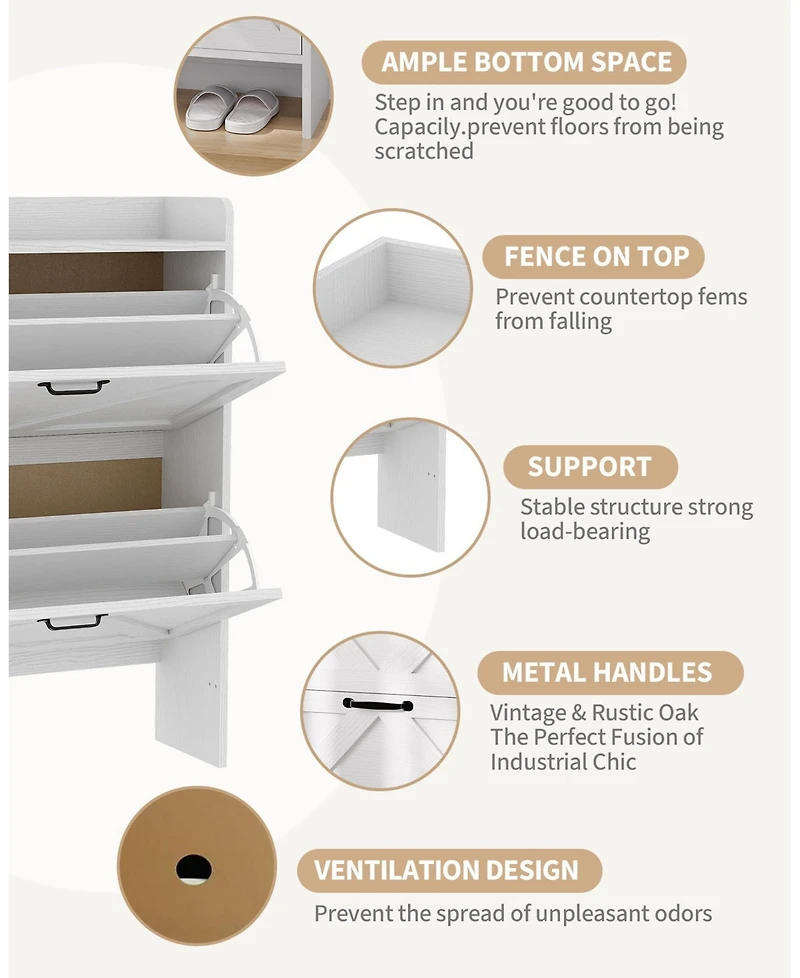 homfan Farmhouse Shoe Cabinet with 2 Flip Drawers, White, Slim Entryway Storage with Metal Legs