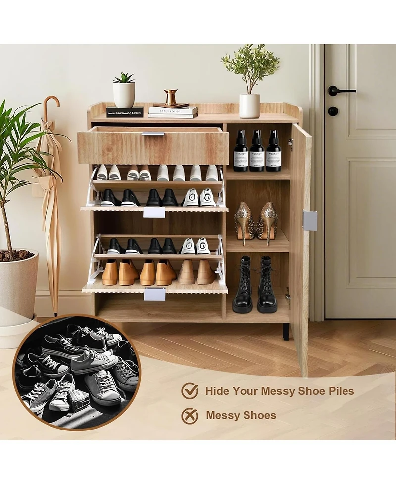 homfan Oak Wavy Shoe Cabinet with 2 Flip Drawers and 2 Small Drawers, Metal Legs, 9.45 in Deep Slim Entryway Storage Organizer