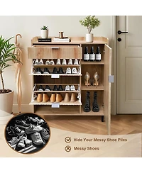 homfan Oak Wavy Shoe Cabinet with 2 Flip Drawers and 2 Small Drawers, Metal Legs, 9.45 in Deep Slim Entryway Storage Organizer