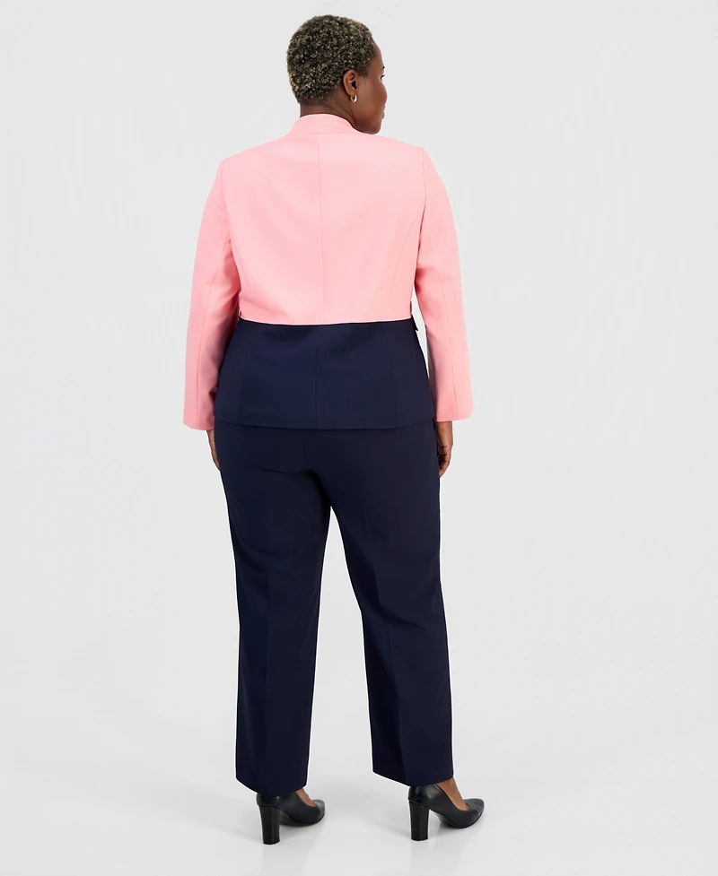 Le Suit Plus Colorblocked One-Button Peplum Jacket & Fly-Front Wide-Leg Pants