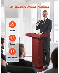 Sugift Podium Stand, 41" Wooden Lectern, Laptop Desk with Storage Shelf, Elegant