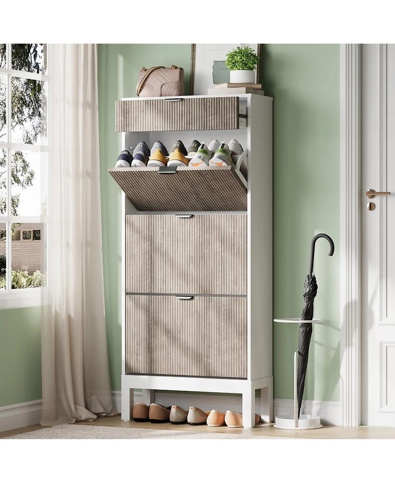 homfan Slim Shoe Cabinet with 3 Flip Drawers, Metal Legs for Hallway