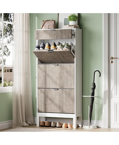 homfan Slim Shoe Cabinet with 3 Flip Drawers, Metal Legs for Hallway