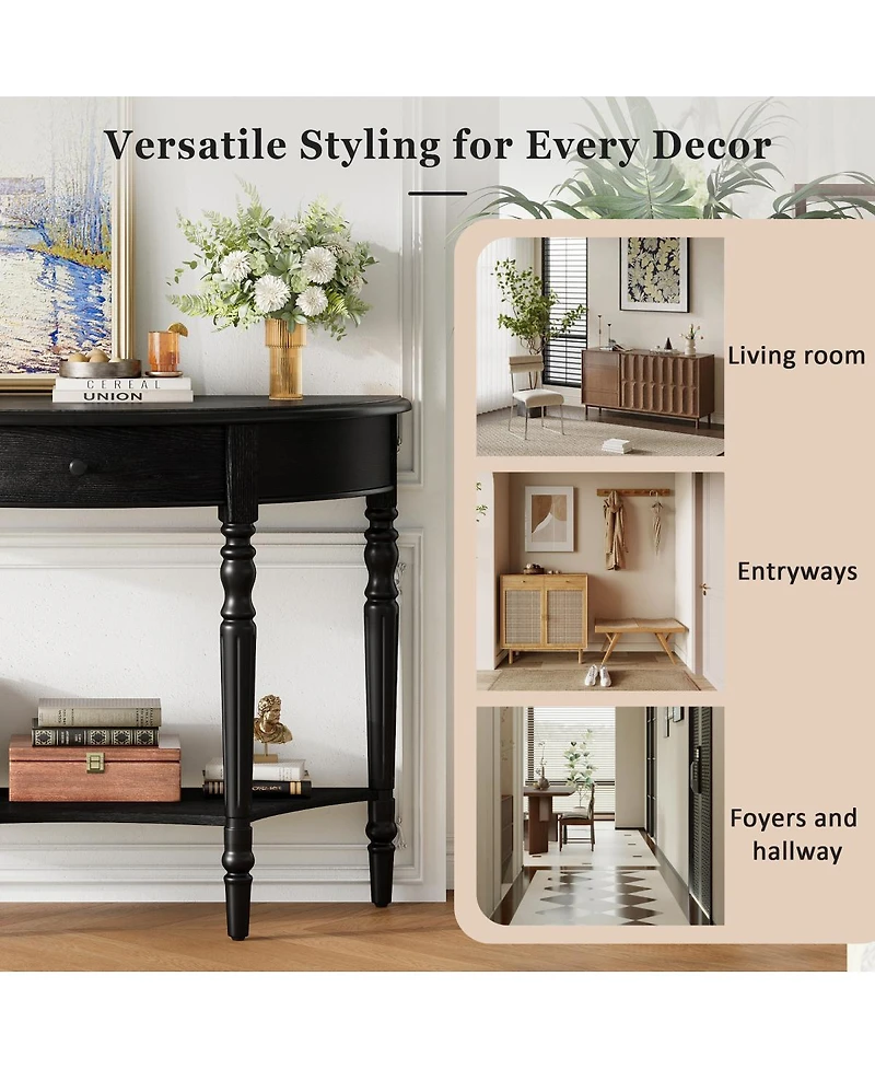 Streamdale Furniture Farmhouse Half Moon Console Table with Drawer And Shelf