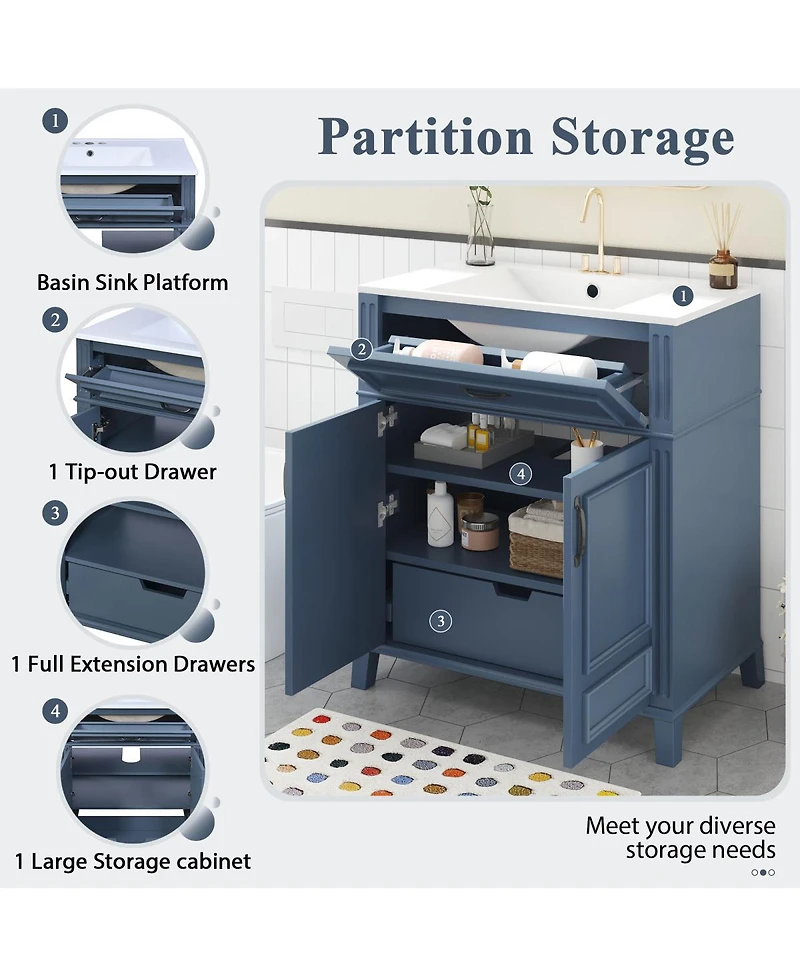 Sillysis 30" Bathroom Vanity with Ceramic Sink, Solid Wood Frame & Soft Close Drawers for Modern Home