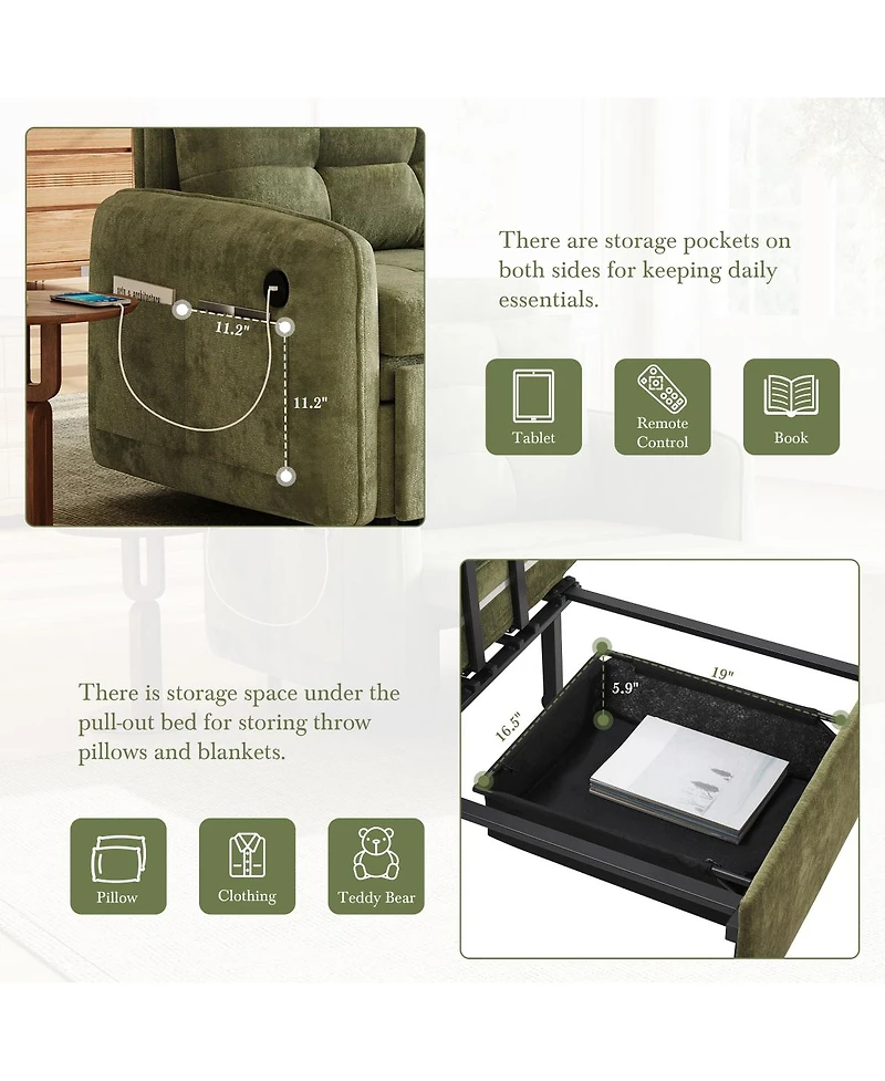 Streamdale Furniture 3-in-1 Sleeper Chair Bed, 80" Extra Long Pull Out Sofa with Usb Charging & Storage