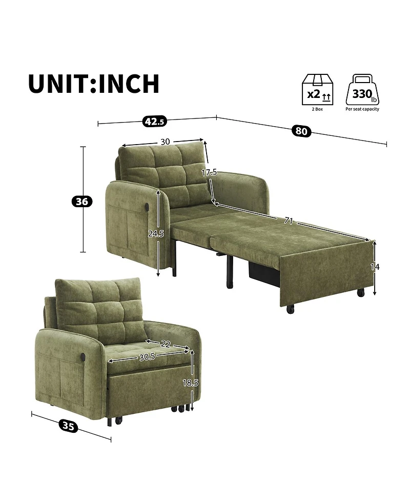 Streamdale Furniture 3-in-1 Sleeper Chair Bed, 80" Extra Long Pull Out Sofa with Usb Charging & Storage