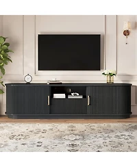 Rainsken Farmhouse Fluted Tv Stand, Media Console with Sliding Wood Slatted Doors and Drawer, Suitable for TVs Up to 75" in Living Room