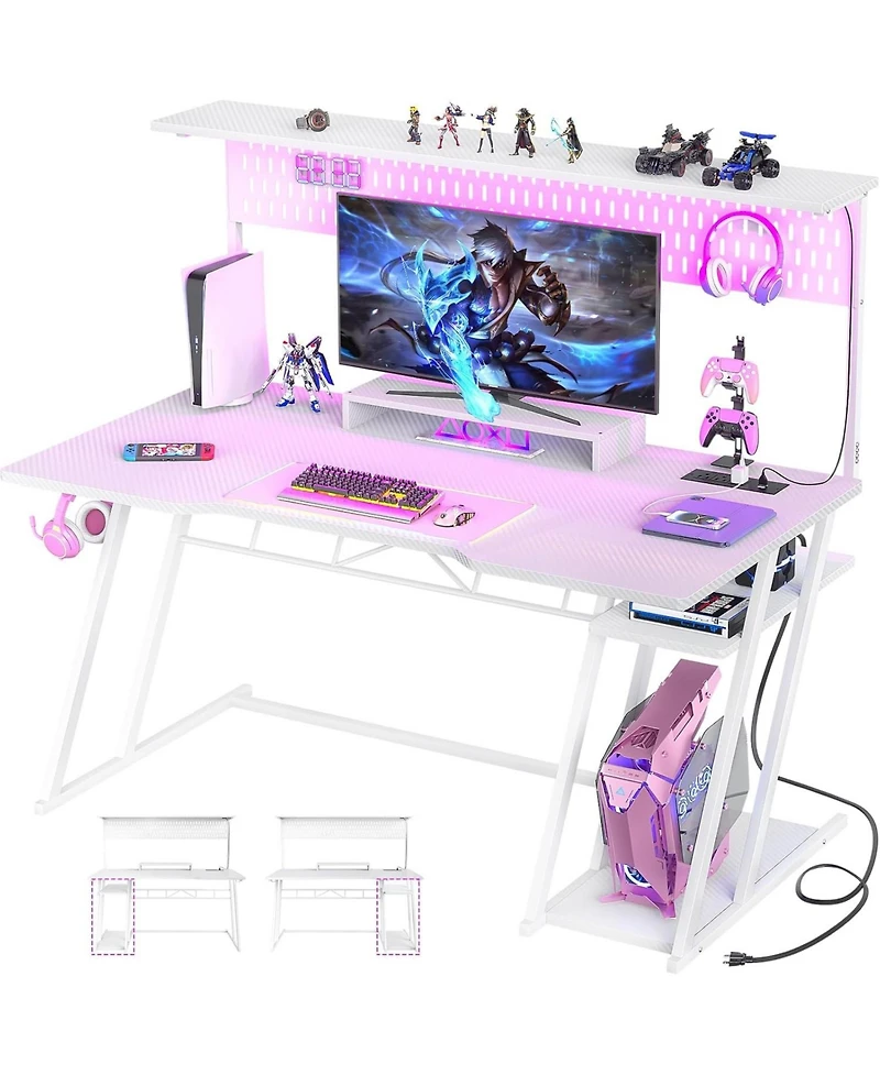 Aheaplus 55'' Gaming Desk - Cumputer Desk with Hutch, Outlets, and Led Lights