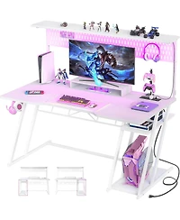 Aheaplus 55'' Gaming Desk - Cumputer Desk with Hutch, Outlets, and Led Lights