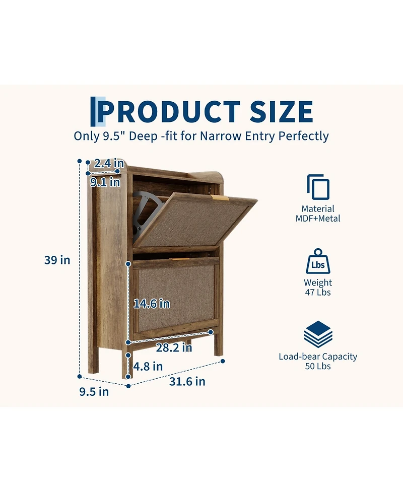 homfan Farmhouse Rattan Shoe Cabinet with 2 Flip Drawers, Brown, 32 in Narrow Entryway Storage