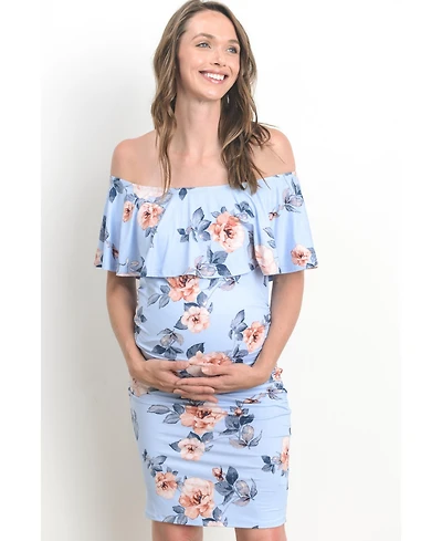 Hello Miz Women's Maternity Off-the-Shoulder Floral Ruffle Bodycon Dress
