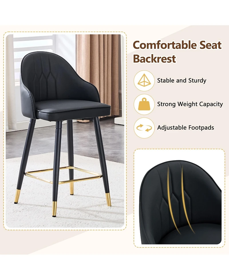 Rainsken Pu Leather Bar Stools Set of 2, Modern Counter Height Chairs with Ergonomic Backrest and Metal Footrest for Kitchen Island