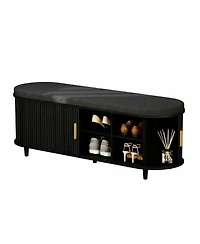Yigii 2-Tier Storage Shoe Bench Thickened Padded Seat Mid Century Modern Fluted Sliding Door Adjustable Shelf