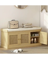 Yigii Shoe Bench Woven Rattan Doors Storage Cushion Adjustable Shelves 9 Pairs Boho Style Entryway Bedroom Living Room