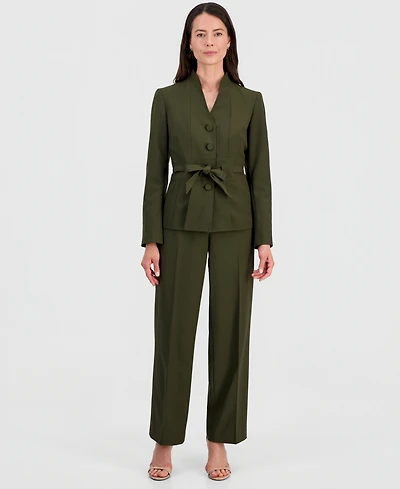 Le Suit Women's Four-Button Belted Jacket & Fly-Front Wide-Leg Pants
