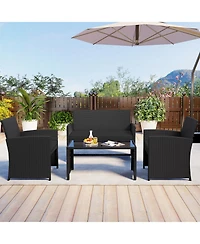 Gouun 4-Piece Patio Rattan Furniture Set with Removable Cushions and Glass Table