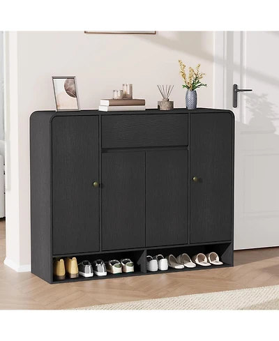 homfan Shoe Cabinet with 4 Doors and Drawer, 10 Tier Entryway Storage Open Bottom Shelf