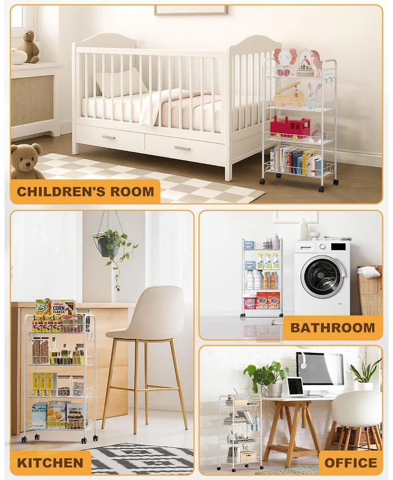 Mythinglogic 4 Tier Rolling Cart with 360°Wheels, Snack Cart, Removable Wire Baskets