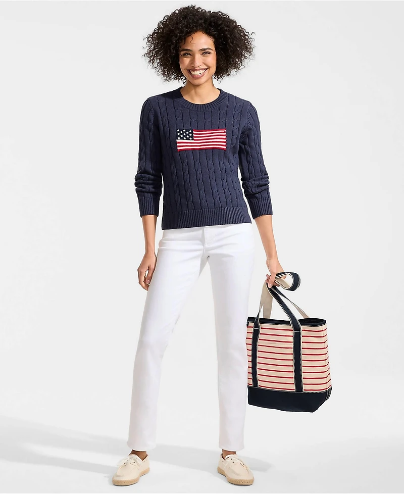 Lands' End Women's American Flag Drifter Cable Sweater