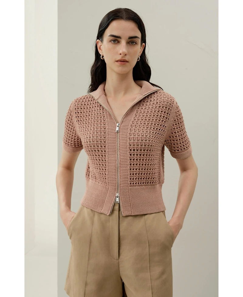 Lilysilk Women's Toscana Pointelle Knit Double-Zip Cardigan