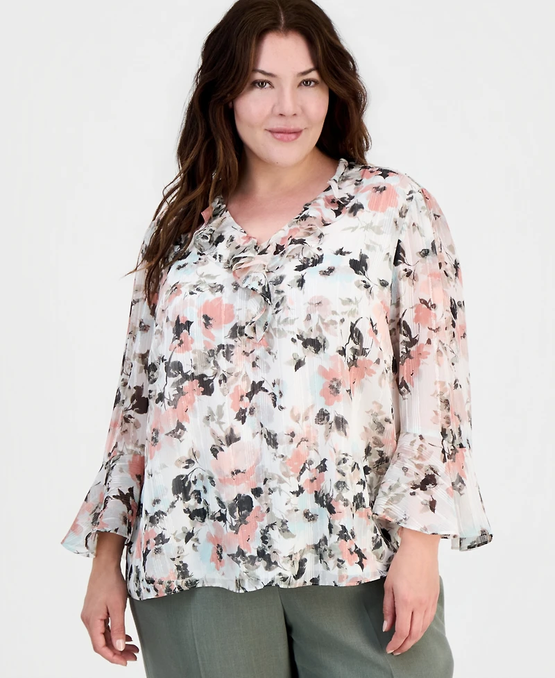 Kasper Plus Printed Bell-Sleeve Blouse