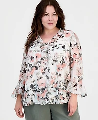 Kasper Plus Printed Bell-Sleeve Blouse