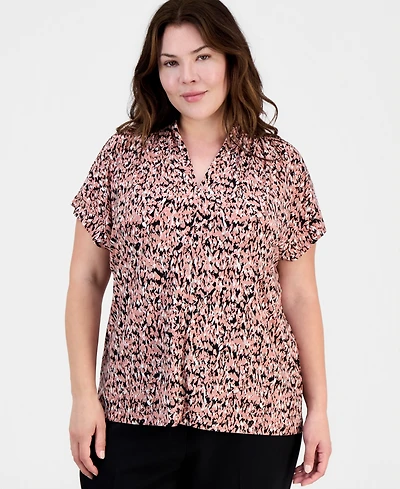 Kasper Plus Printed Gathered V-Neck Top