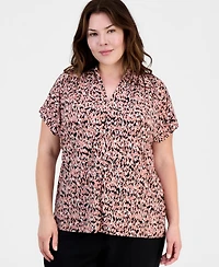 Kasper Plus Printed Gathered V-Neck Top