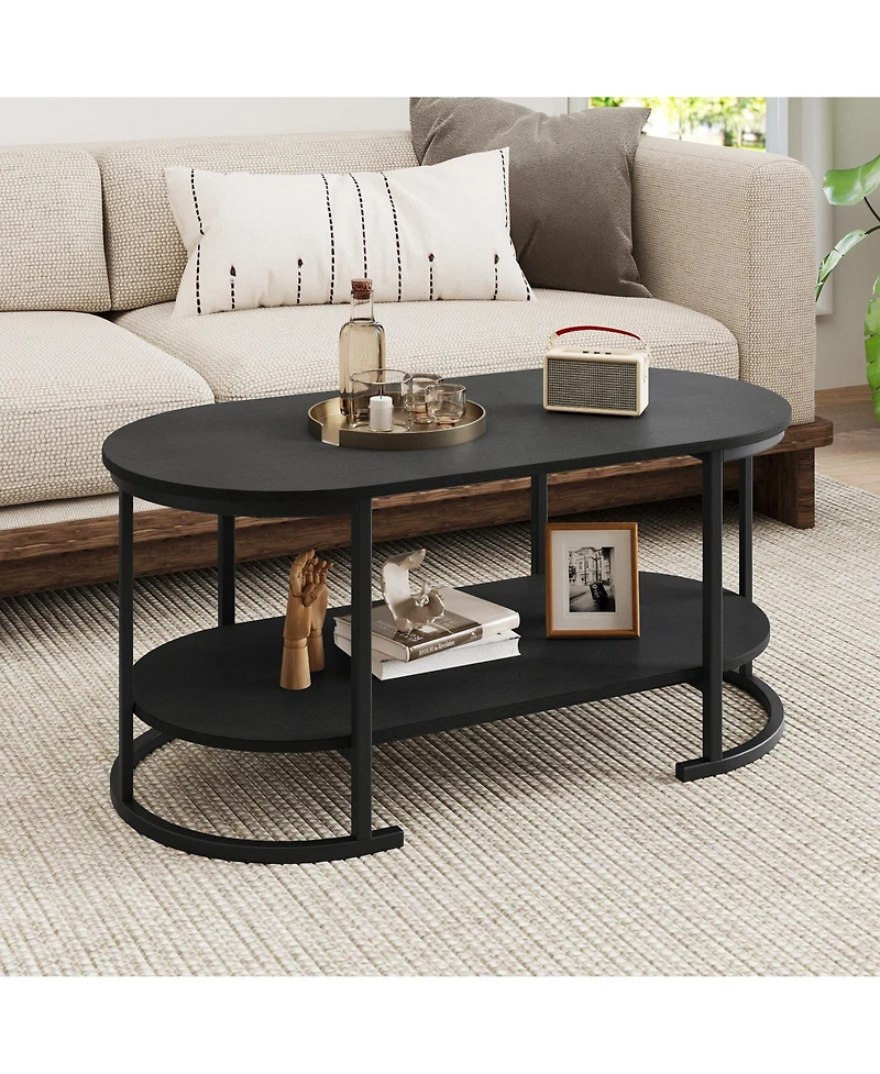 Slickblue Wooden Oval Coffee Table 2 Tier with Open Storage Shelf