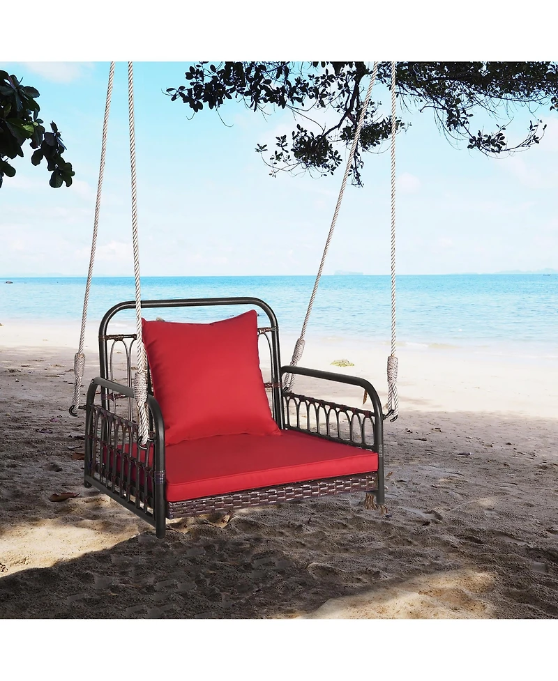 Gymax Single Person Hanging Swing Outdoor Hanging Seat w/ Back Cushion and Seat Cushion