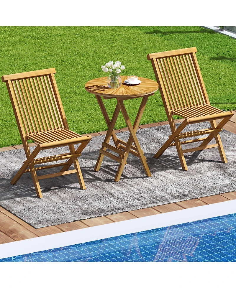 sumyeg Folding Patio Teak Wood Round Side Table with Slatted Top and X Frame