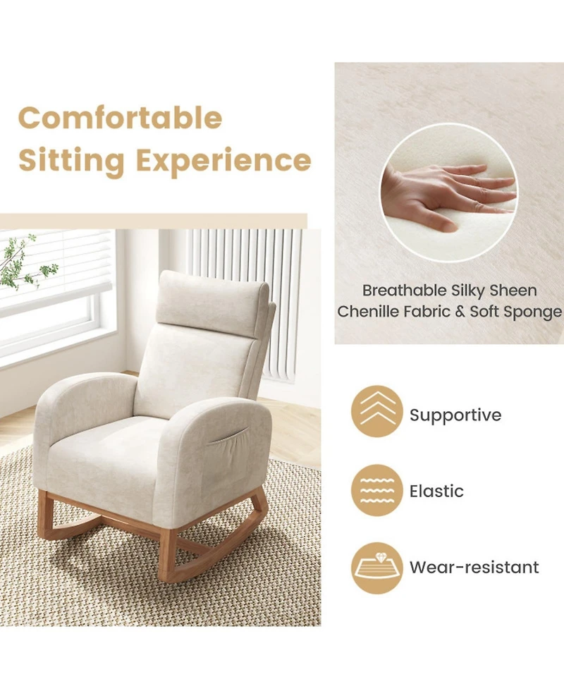 Gouun Upholstered Chenille Rocker Armchair with Rubber Wood Frame