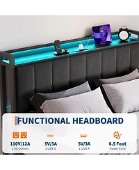 HomfanLift Up Bed Frame with Charging Station and Led Lights, Upholstered Button Tufted Wingback Storage Headboard