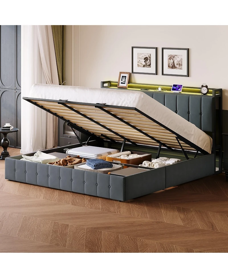 HomfanLift Up Bed Frame with Charging Station and Led Lights, Upholstered Button Tufted Wingback Storage Headboard