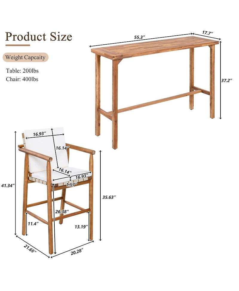 sumyeg 3-Piece Outdoor Dining Set with Acacia Wood Height Table and 2 Stools with Cushions