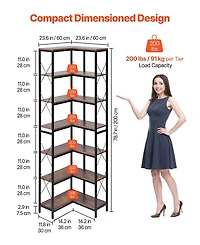 Sugift 7-Tier Corner Bookshelf, 79" Tall, Metal Frame and Wooden Shelves, Industrial
