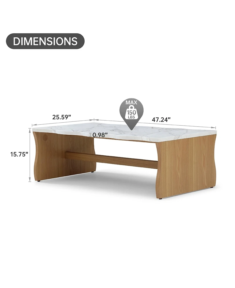 Boyel Living 47.24 Inches Whisper of Waves Modern Coffee Table with Faux Marble Top and Solid Wood Base