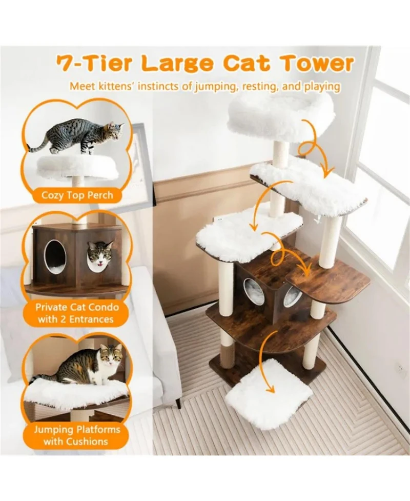 Zeus & Ruta 7 Layer Wooden Cat Activity Hub with Sisal Posts, Cozy Condo and Playful Platforms